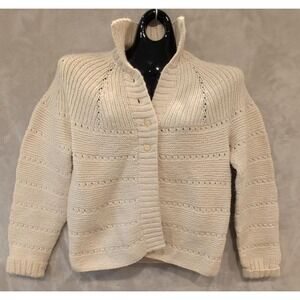 Vintage Handmade Cream Knit‎ Cardigan Sweater Raglan Eyelet Button Womens